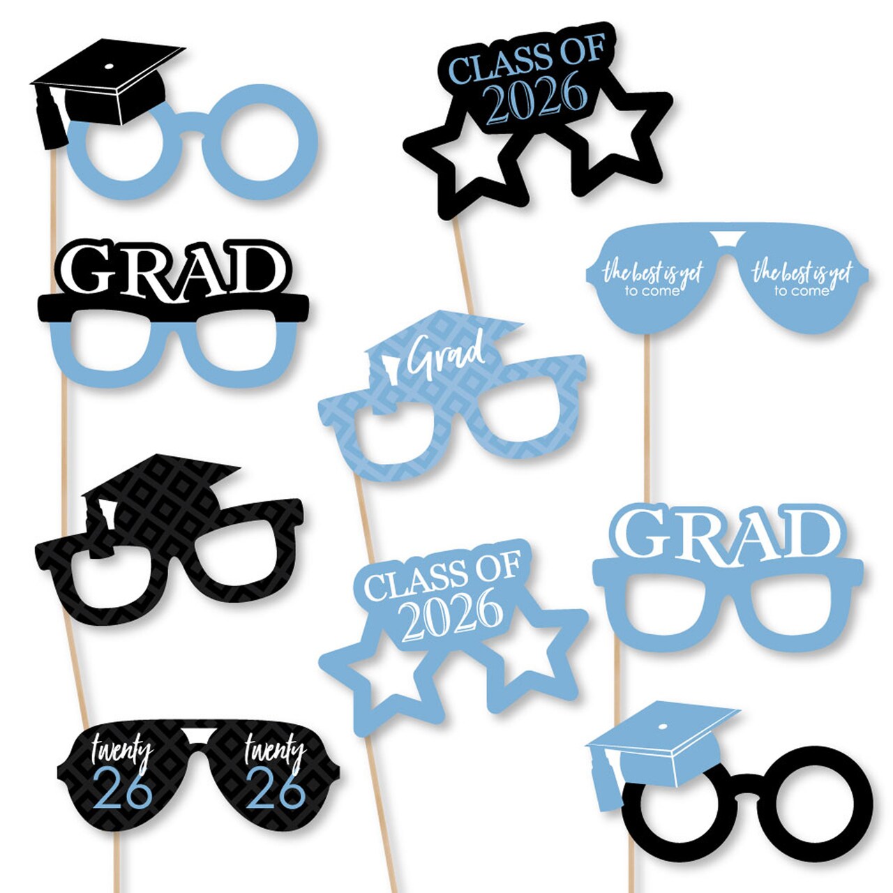 Big Dot of Happiness 2026 Light Blue Graduation Glasses - Paper Card Stock Party Photo Booth Props Kit - 10 Count